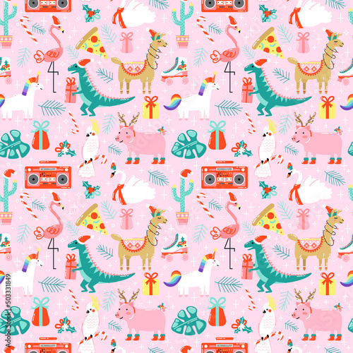 Christmas seamless pattern with cute funny animals