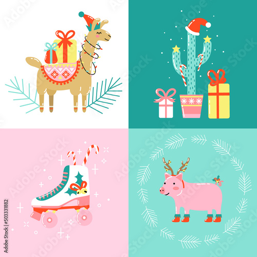 Christmas cards with cute funny animals, cactus and retro roller skate
