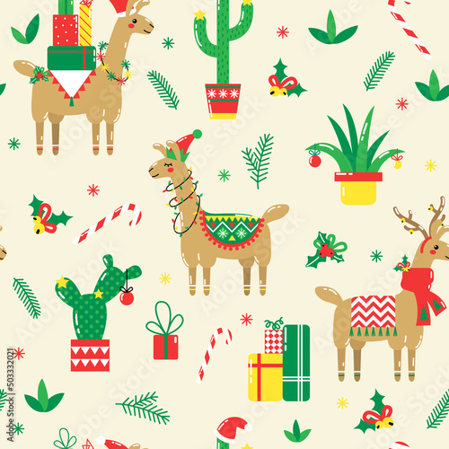 Seamless Christmas pattern with cute cartoon llamas