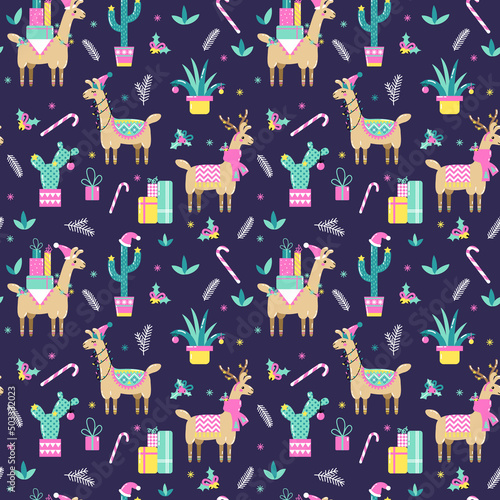 Seamless Christmas pattern with cute cartoon llamas