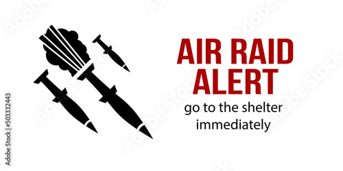 Air raid alert missiles background. Warning siren alarm banner. Bomb danger signal poster.
