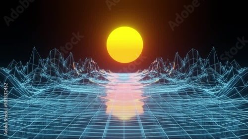 Retro futuristic background. 80s style neon lights. Digital landscape. Retro wave horizon landscape. 3d rendering. 4k animation.