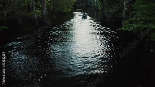 Forest Boat Trees River Green Plants Amazon Rain Forest Amazonia Brazil Aerial Drone Shot