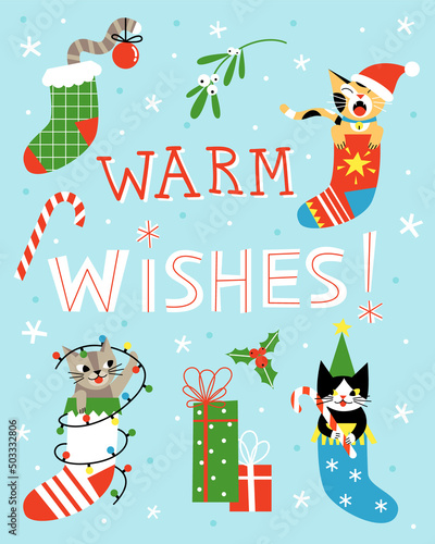 Warm wishes. Cute greeting card with cats in socks.