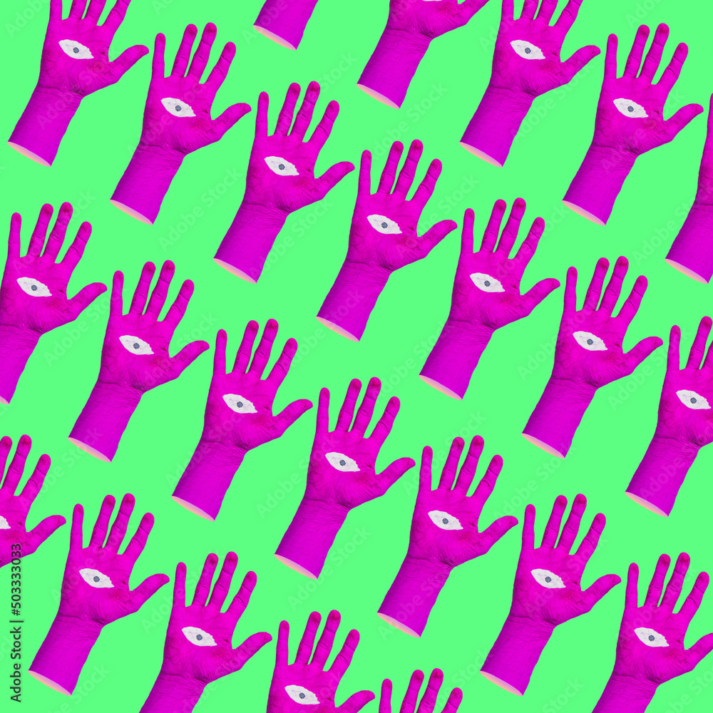 Fototapeta premium Pattern of bright painted pink or purple palm hands with eye in the middle on green background. Contemporary art collage. Minimalism.