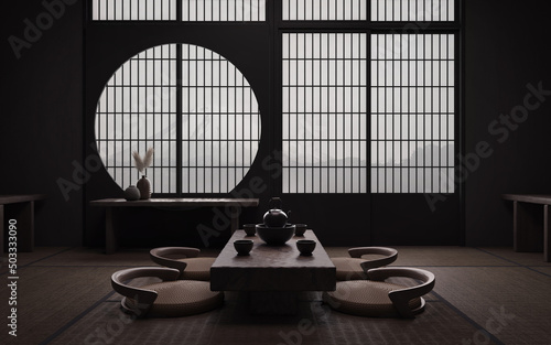 Canvas Print Traditional japanese tea room interior with tatami mats
