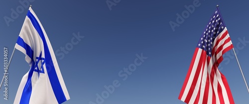 Israel and USA flags on flagpoles on sides on blue background. Place for text. Israeli, Jerusalem. States of America. 3d illustration.