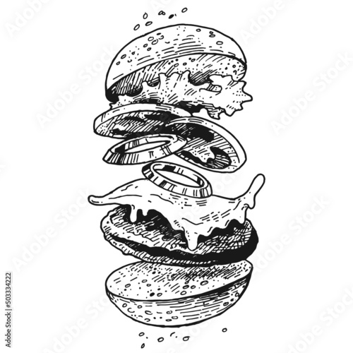 Vector illustration of a hamburger separately. Hand-drawn sketch. Vintage style engraving. Burger in flight