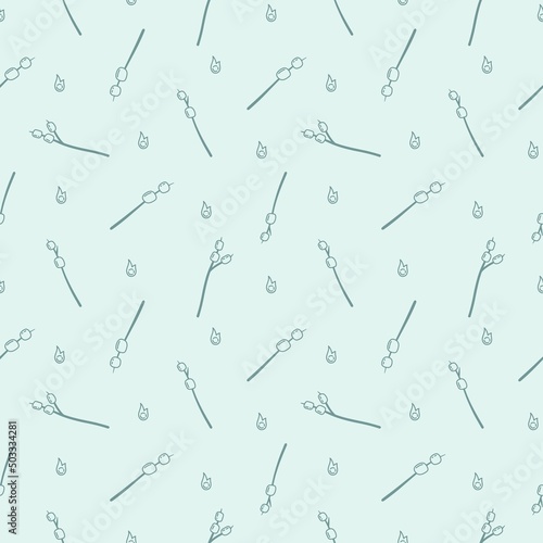 Seamless vector pattern with cute hand drawn roasted marshmallows on a stick. Line objects. Kawaii camp theme texture for apparel, fabric, wallpaper, card, textile, wrapping paper, packaging, gift.