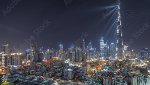 Canvas Print Dubai Downtown all night timelapse with tallest skyscraper and other towers