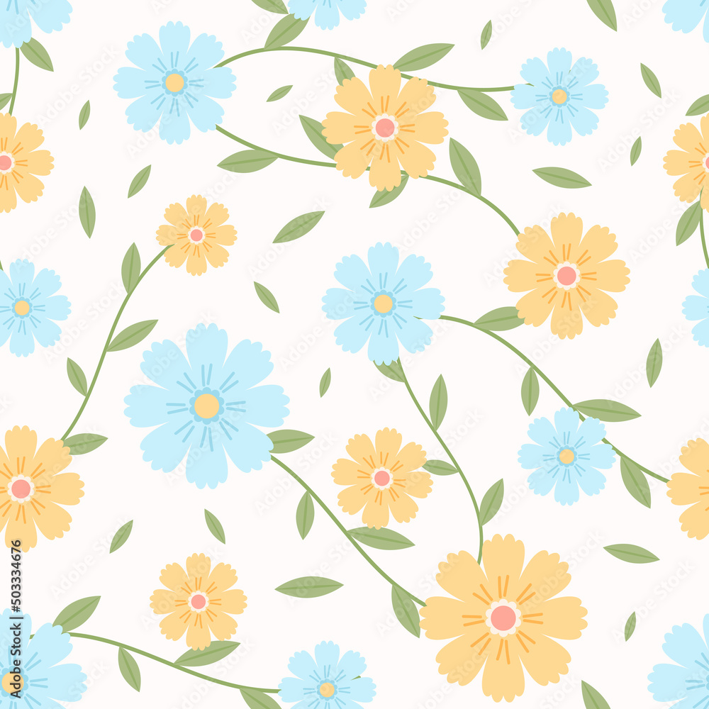 Vector seamless spring pattern with wild flower buds and leaves.