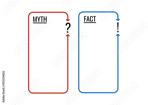Myth and fact check list vector set. True or fiction infographic badge blank isolated on white background. Flat design simple red and blue fake and good news template illustration.
