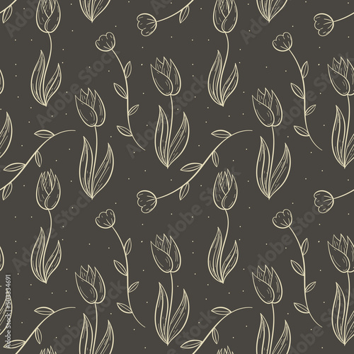 Vector seamless doodle pattern with tulip flowers.