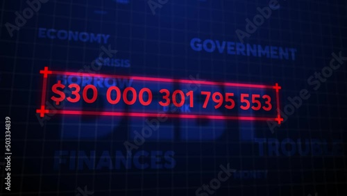 A digital red counter with a growing number of the national debt of the state. 30 Billions of dollars is the figure of the main US national debt. The world financial crisis.