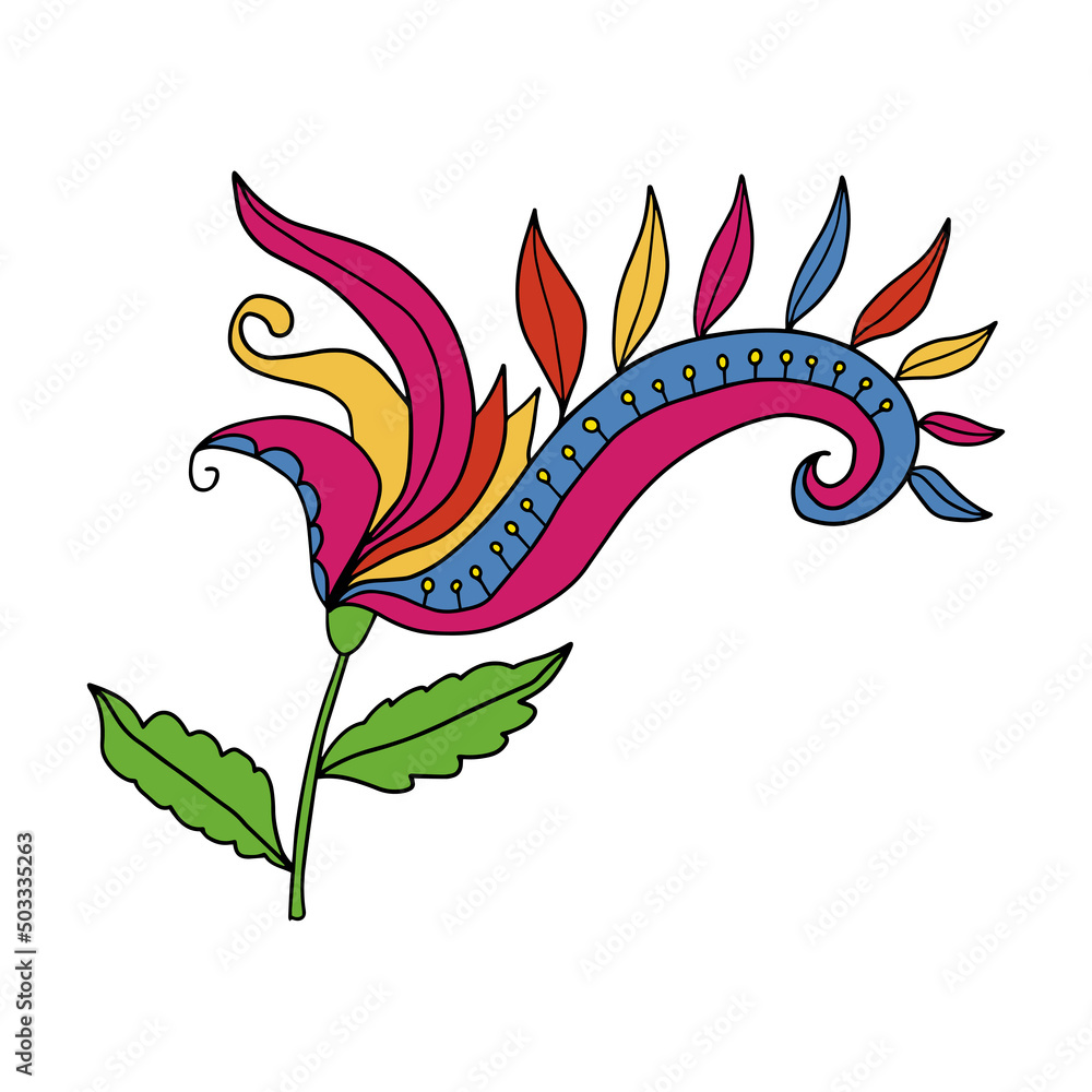 Fototapeta premium Colorful fantasy doodle cartoon flower isolated on white background. 