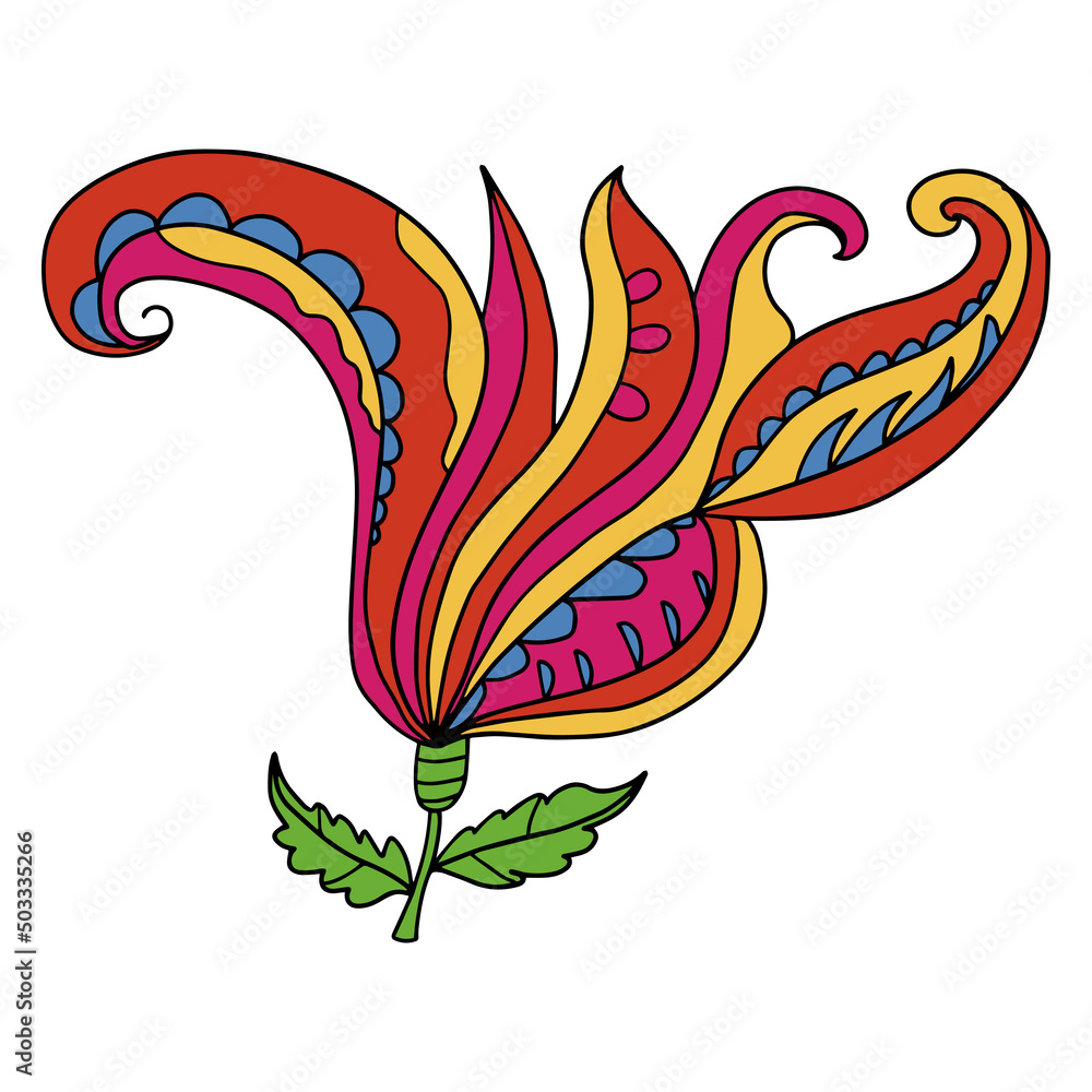 Naklejka premium Colorful fantasy doodle cartoon flower isolated on white background. 