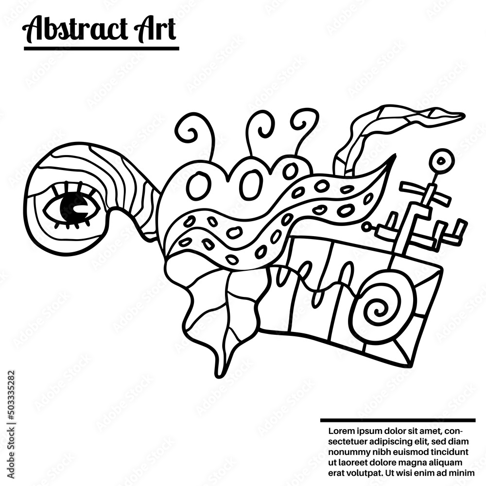 Cute abstract doodle artistic sketch isolated on white background. Crazy messy doodle art with different shapes, curls. Fantasy card.