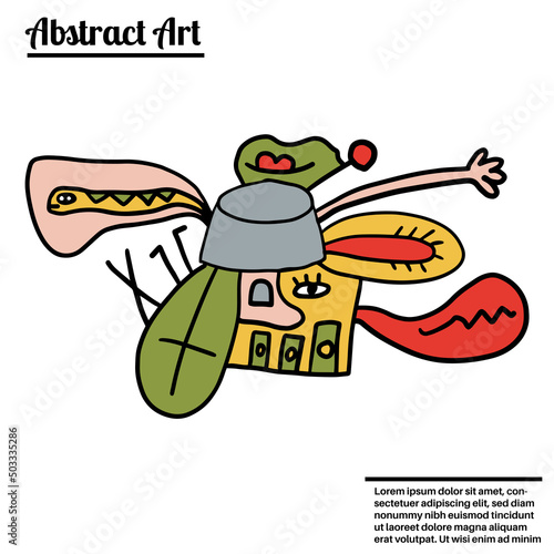 Cute abstract doodle artistic sketch isolated on white background. Crazy messy doodle art with different shapes, curls. Fantasy card.