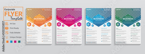 flyer corporate. Flyer business. four flyer template in 4 design color red orange blue . This is a creative business flyer in modern look for event conference infographic workshop promotion dj flyers photo