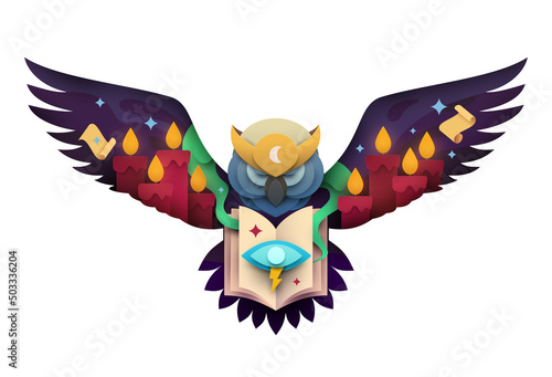 Silhouette flying owl with open magic book and red candle in paper cut style. Creative design composition. Mystical concept isolated on white background. Vector illustration.