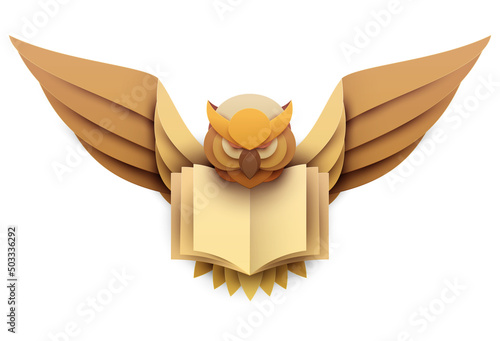 Silhouette flying golden owl with open book in paper cut style. Creative design composition. Mystical concept isolated on white background. Vector illustration.