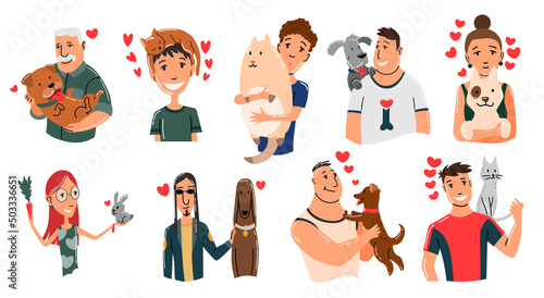 People and pets. Cat, dog and rabbit pet owner characters. Man and womans holding on hands his animals. Peoples love his animals. Cute and adorable domestic animals