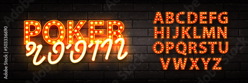 Vector realistic isolated retro marquee billboard with electric light lamps of Poker Room logo with neon alphabet font on the wall background.