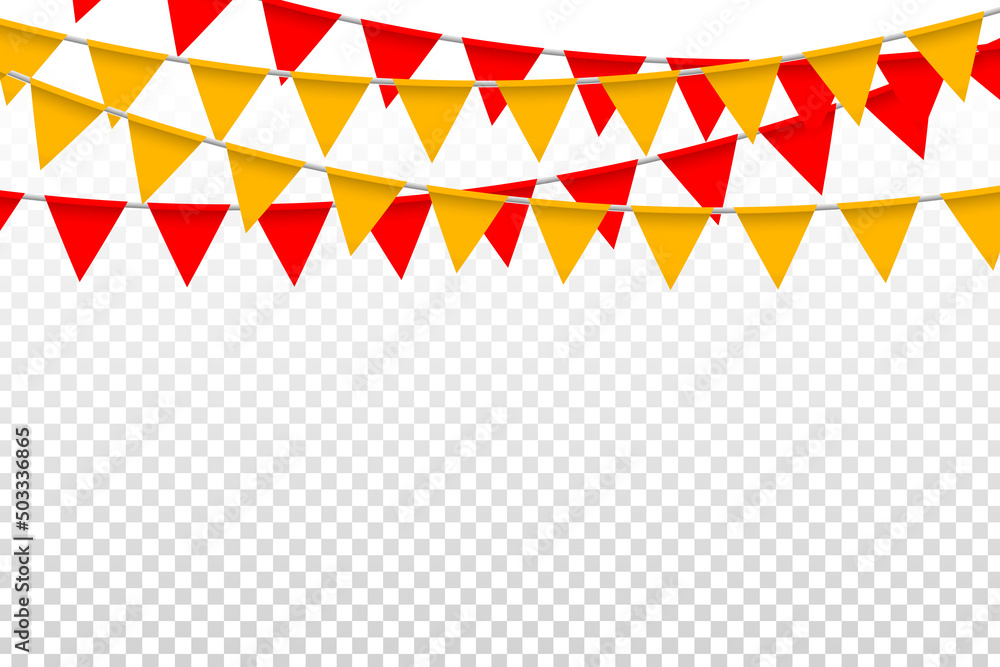Vector realistic isolated orange and red party flags for decoration and covering on the transparent background. Concept of birthday, holiday and celebration. - obrazy, fototapety, plakaty 