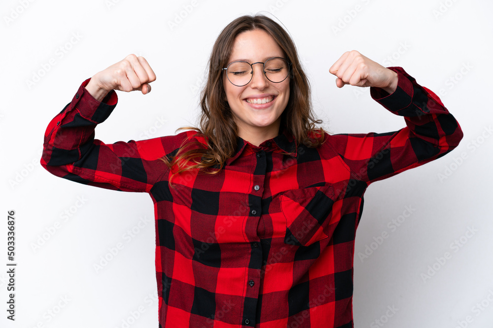 Young caucasian woman isolated on white background doing strong gesture Young caucasian woman isolated on white background doing strong gesture