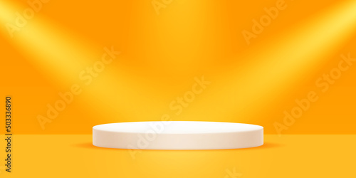 Vector realistic podium platform with orange colors in abstract stage for product placement and display.