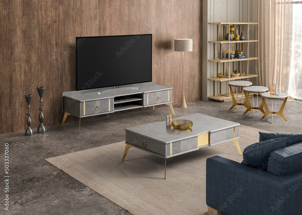 3D render tv room , sofa , coffee table and tv table set in modern decoration 3D render tv room , sofa , coffee table and tv table set in modern decoration