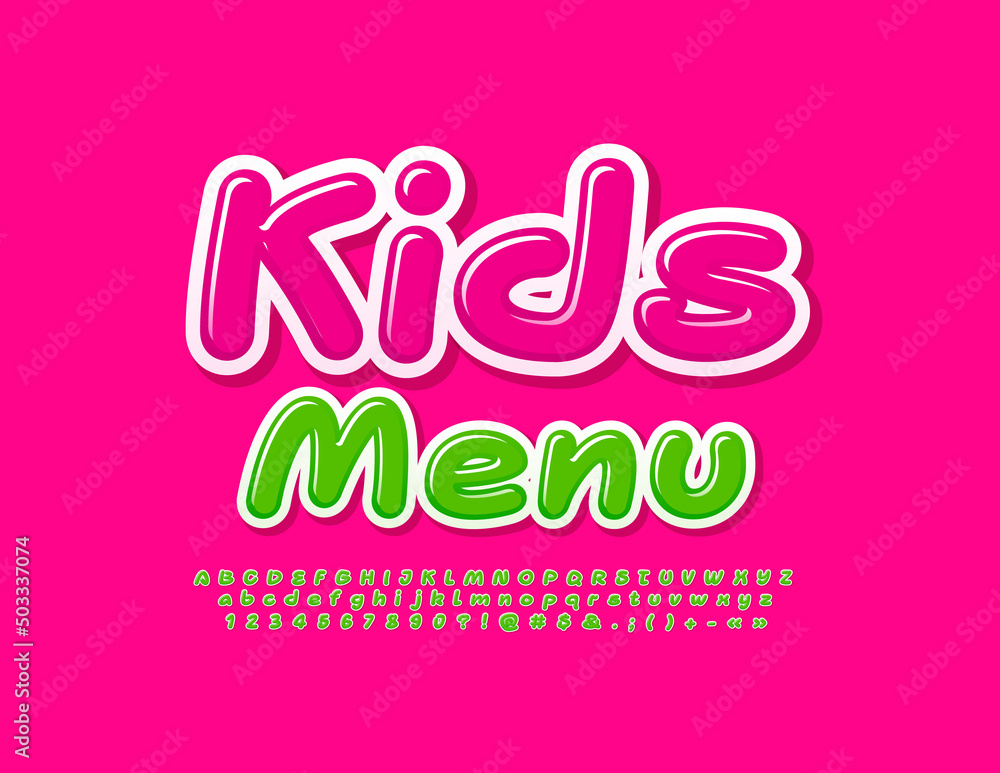 Vector colorful logo Kids Menu.  Modern handwritten Font. Artistic Alphabet Letters, Numbers and Symbols