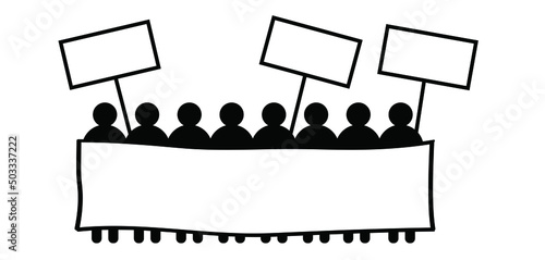Cartoon stickman or stick figure man with speech bubble for protestation, manifestation. Group of people protesting. people demonstration with empty banner. Activists holding a banner or sign.