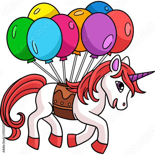 Unicorn Floating With The Balloons Cartoon Clipart