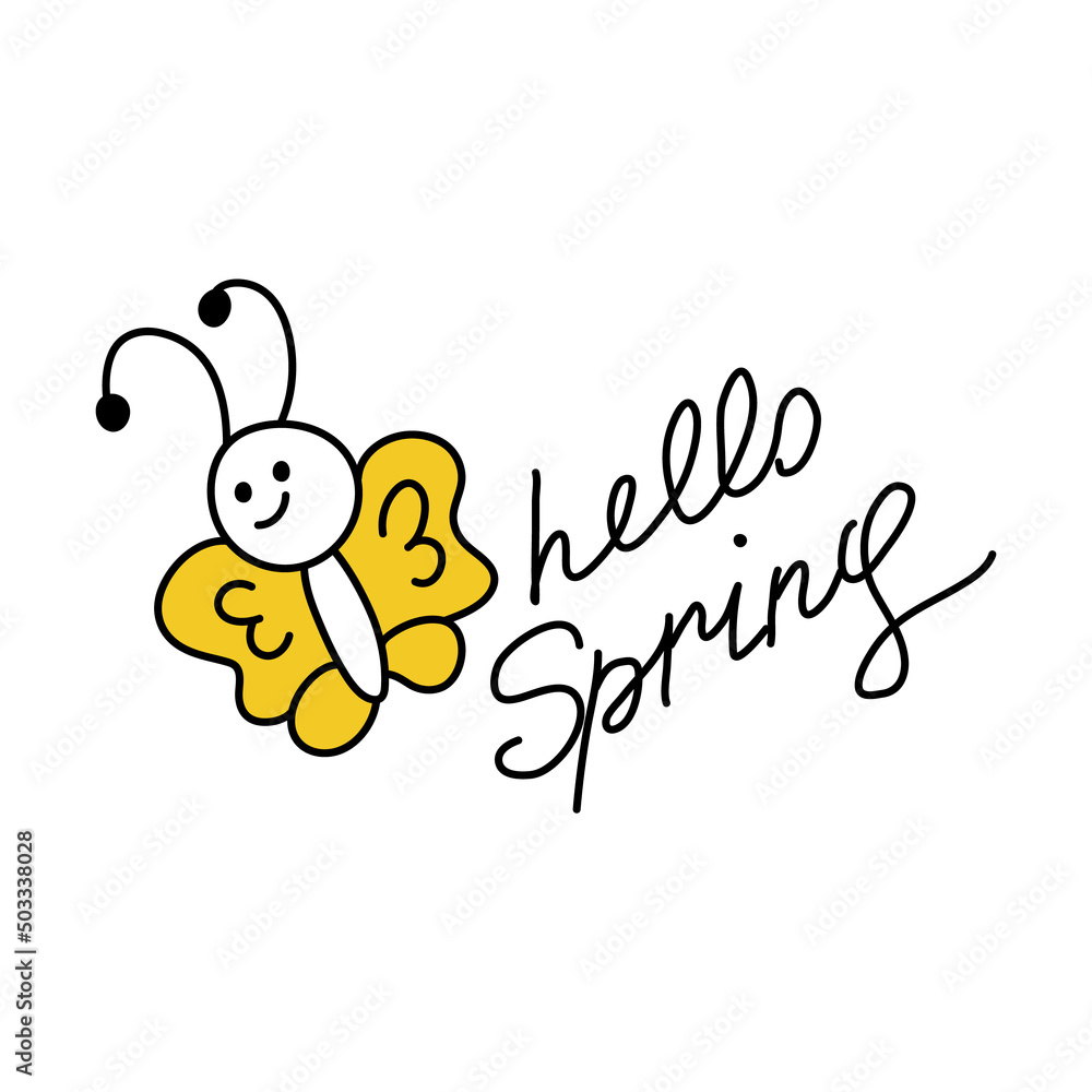 Doodle lettering with the phrase Hello Spring. Sloppy children's inscription. Cute funny butterfly. A simple icon of the 90s style. Clipart for printing on stickers and greeting cards. Doodle lettering with the phrase Hello Spring. Sloppy children's inscription. Cute funny butterfly. A simple icon of the 90s style. Clipart for printing on stickers and greeting cards.