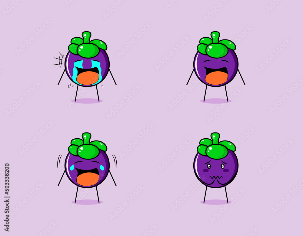 Obraz premium collection of cute mangosteen cartoon character with crying and sad expressions. suitable for emoticon, logo, symbol and mascot