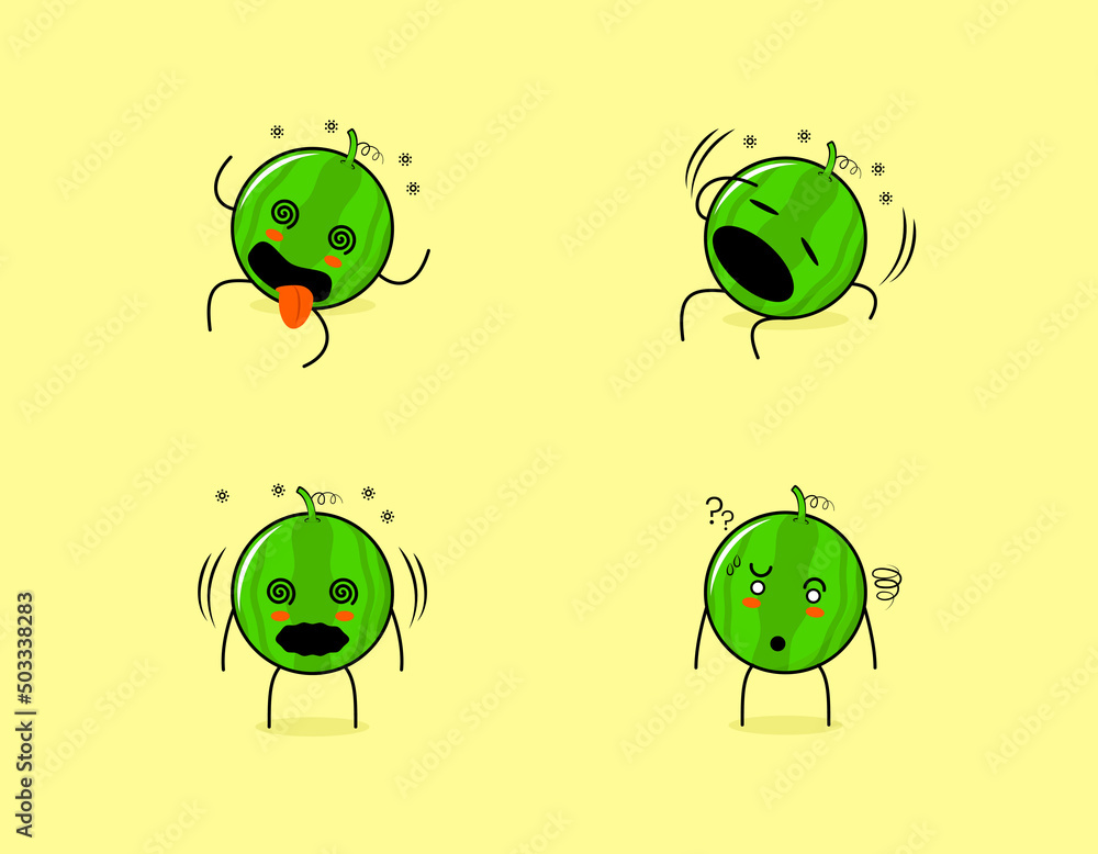 Fototapeta premium Set of cute watermelon character with dizzy expressions. suitable for emoticon, logo, symbol and mascot