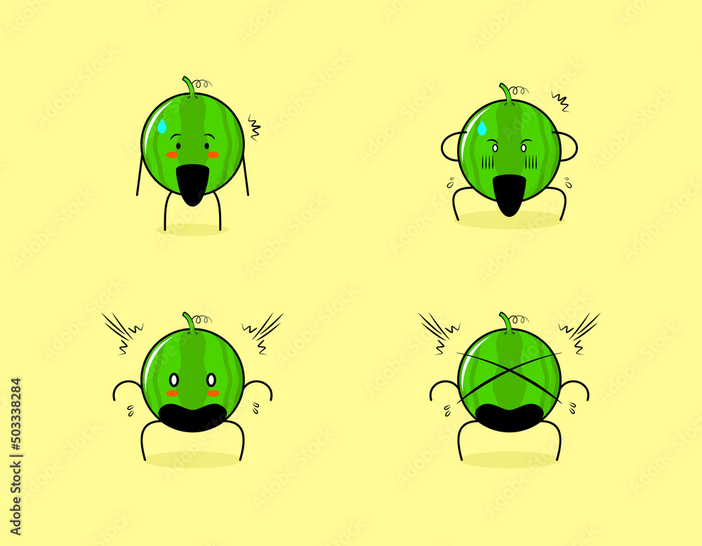 Obraz premium collection of cute watermelon cartoon character with shocked expressions. suitable for emoticon, logo, symbol and mascot
