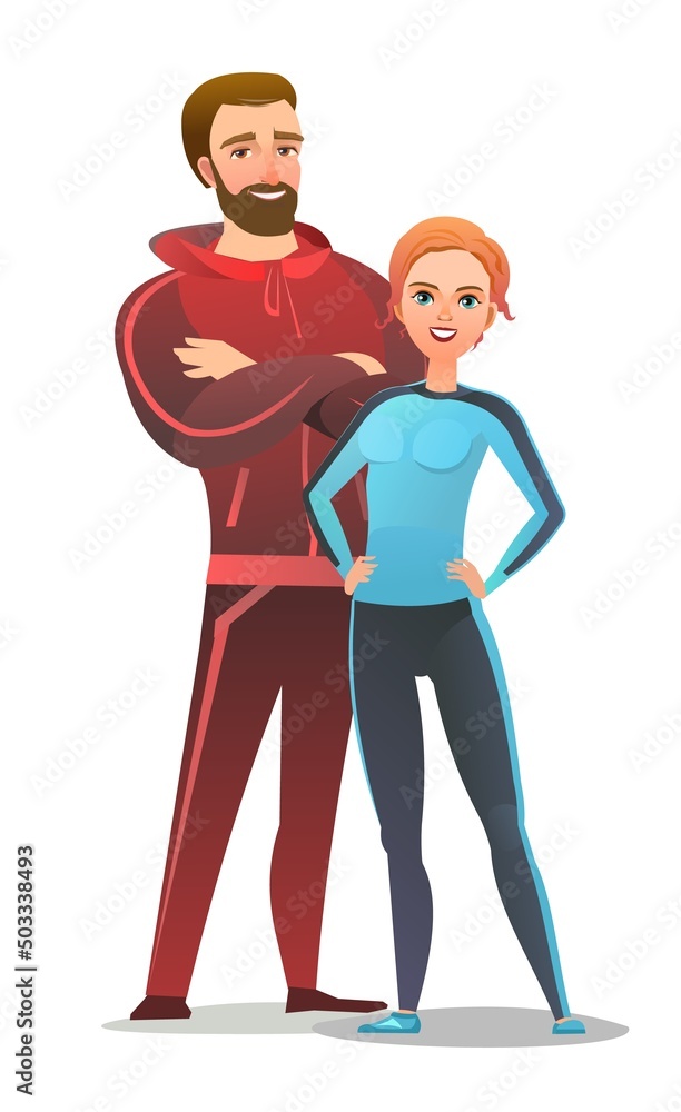 Man and woman in tracksuit. Got ready for sports activities. Cheerful person. Standing pose. Cartoon style. Single character. Illustration isolated on white background. Vector Man and woman in tracksuit. Got ready for sports activities. Cheerful person. Standing pose. Cartoon style. Single character. Illustration isolated on white background. Vector