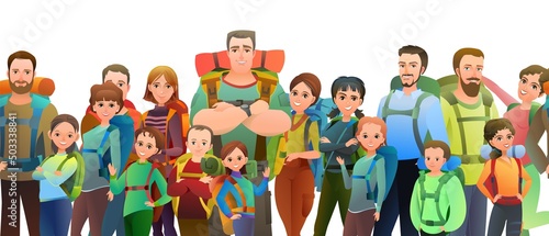 Man, women and child tourist backpacker. Backpack on his back. Cheerful person. Standing pose. Cartoon comic style flat design. Single character. Seamless Illustration isolated. Vector © Ирина Мордвинкина