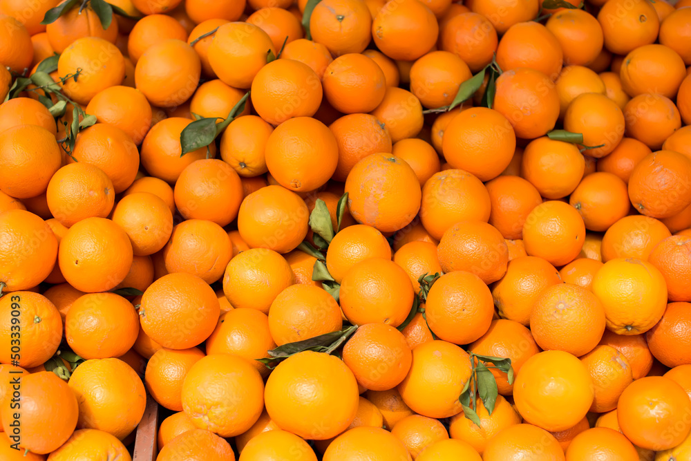 Oranges on sale at the local market. Oranges background