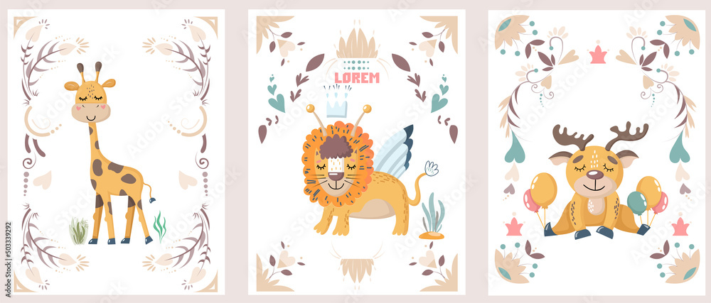 Cute wild African safari animals lion, giraffe, antelope. Hand-drawn posters for the children's room, greeting cards, A set of flat cartoon vector illustrations - obrazy, fototapety, plakaty 