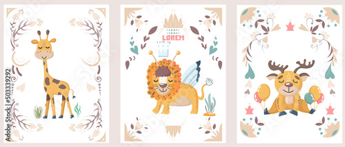 Cute wild African safari animals lion, giraffe, antelope. Hand-drawn posters for the children's room, greeting cards, A set of flat cartoon vector illustrations