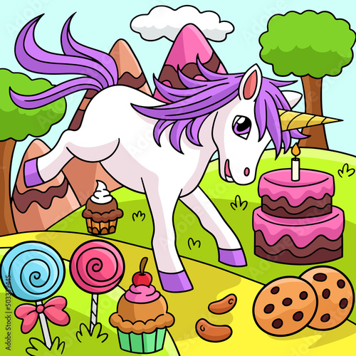 Unicorn In Candy Land Colored Cartoon Illustration