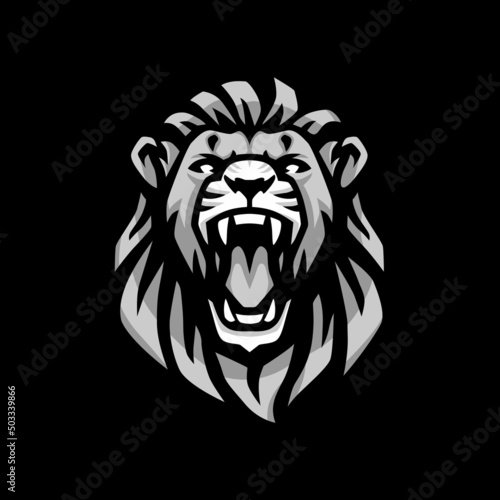 Gray Lion head roars vector illustration template. Big cat mascot logo clipart. Can be used for labels, banners, or advertisements.