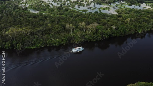 Forest Boat Trees River Green Plants Amazon Rain Forest Amazonia Brazil Aerial Drone Shot