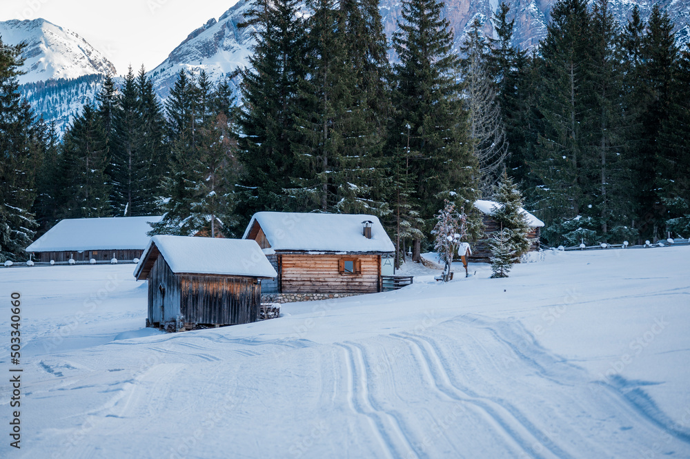 Winter in the San Vigilio di Marebbe valley of the Dolomites