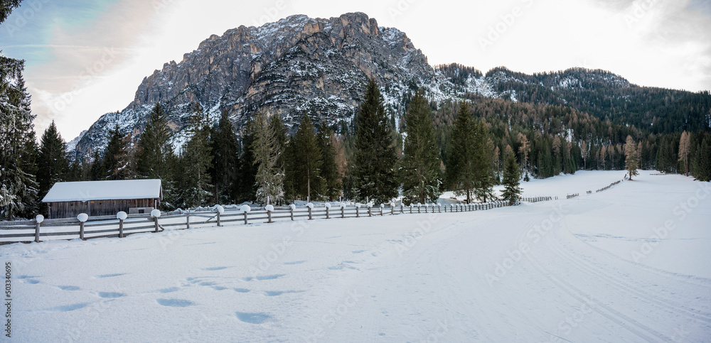 Winter in the San Vigilio di Marebbe valley of the Dolomites