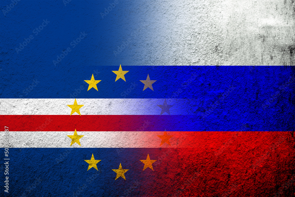National flag of Russian Federation with Cape Verde National flag. Grunge background
