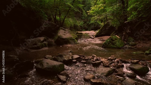 Scenic slow flowing river, rocks covered with moss, fresh green foliage in a mystical forest, summer in Mullerthal Luxembourg, Schiessentumpel waterfall Low angle view forward motion